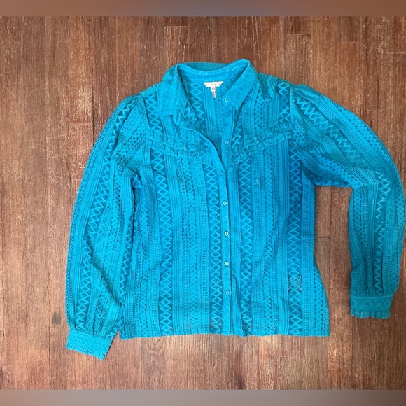 Esqualo Lace Puff Sleeve Button Up - Petrol - Size 8 - Picture 4 of 12